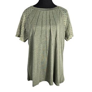 NWT | KIRUNDO Olive Green Pleated Front Top | Lace Lattice Sleeve | XL